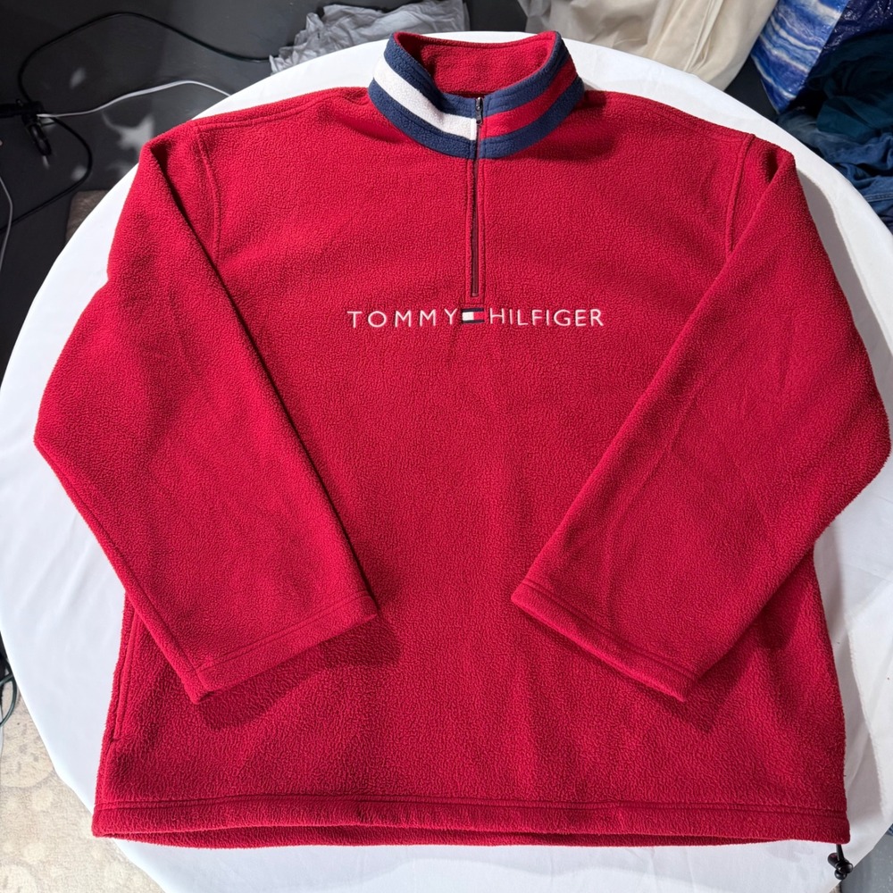 Vintage Tommy Hilfiger Red Quarter Zip Fleece Pullover XXL Y2K Baggy Streetwear